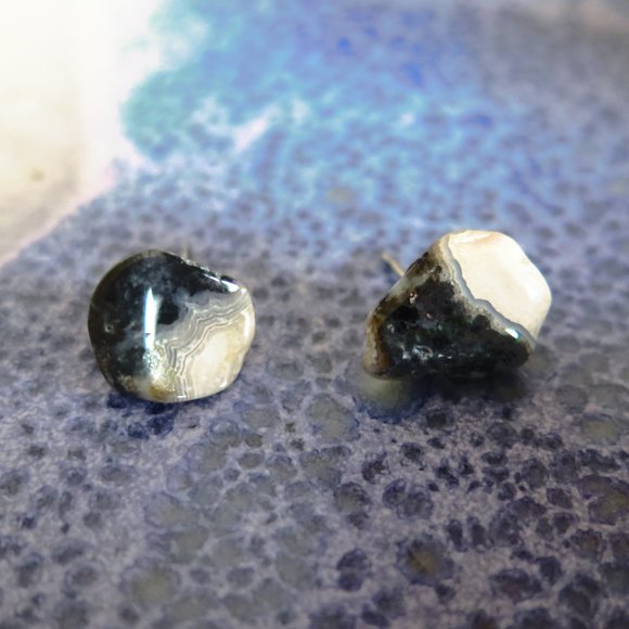 Vintage Handmade Zebra Calcite Post Earrings - Picture 1 of 10